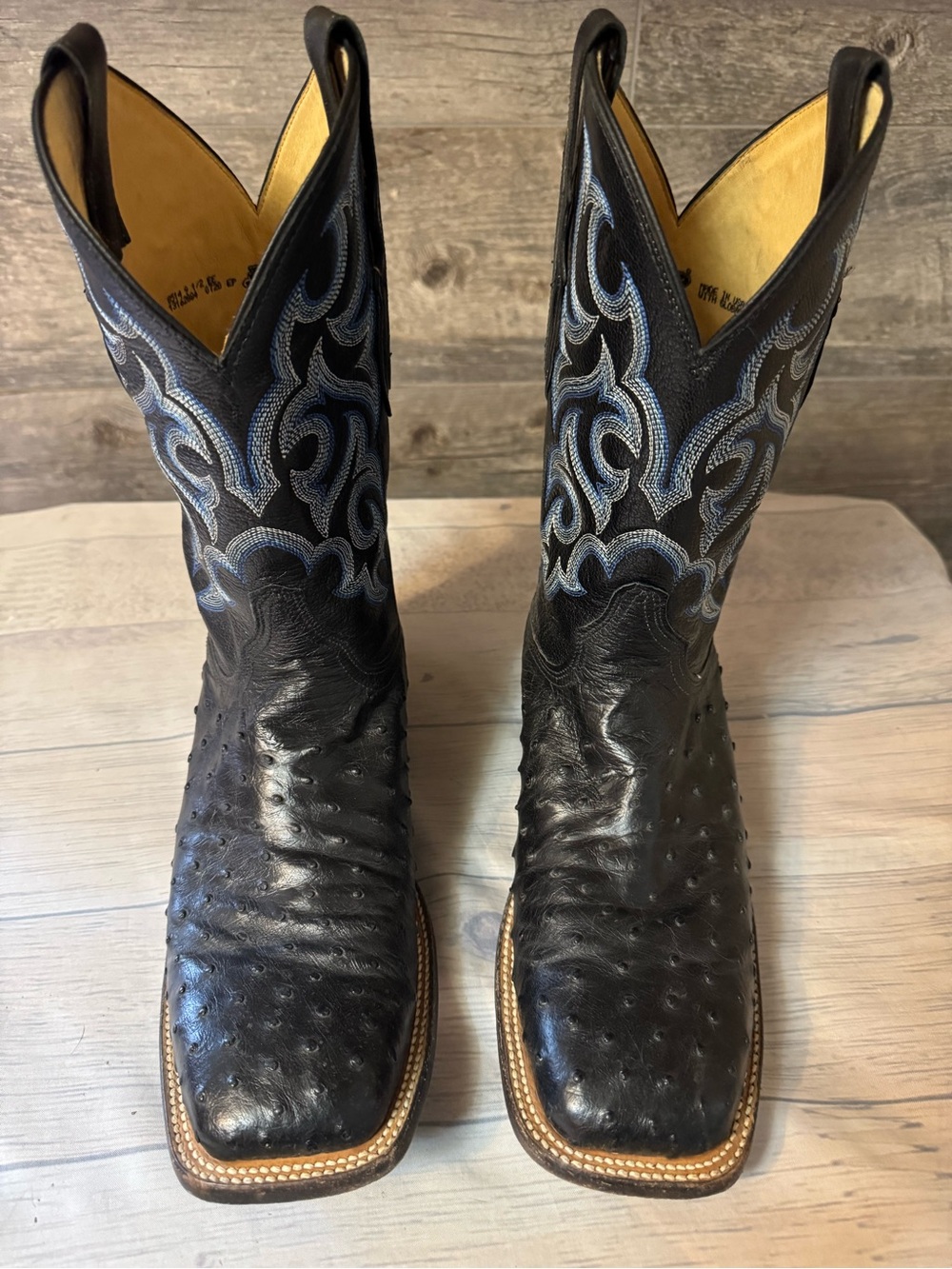 Justin Boots Black Ostrich Leather Western Boots with Blue Stitching